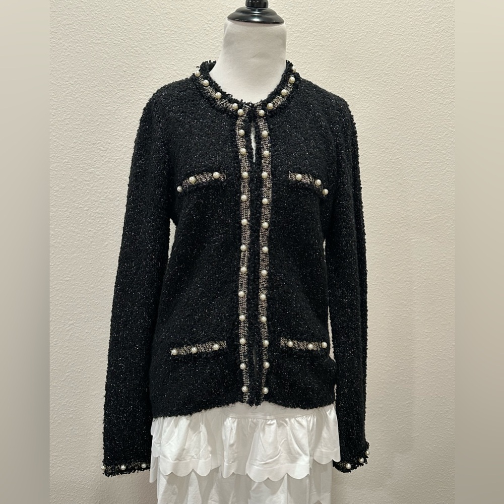Elegant Black Tweed Cardigan with Pearl Accents